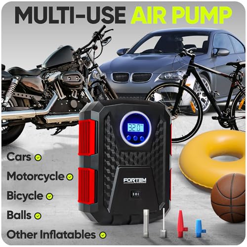 Image of FORTEM THE EXTRA MILE Digital Tire Inflator for Car W /Pressure Gauge - Portable Air Compressor - Electric Auto Pump | Easy to Store - Auto Shut Off - 12V DC - 3 Attachments Bonus Carrying Case