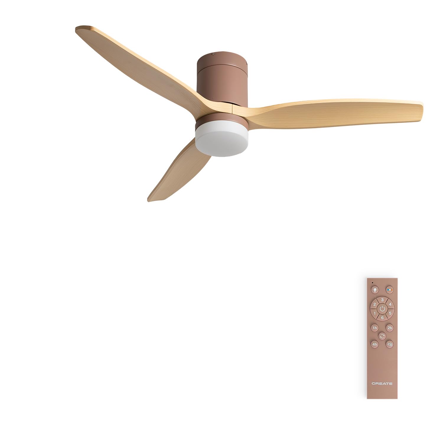 CREATE / WINDCALM M/Ventilador de techo ABS con luz moca aspas efecto madera clara y mando / 40W, Silencioso, Ø132 cm, 3 temperaturas de luz, temporizador, función verano-invierno