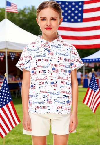 Image of 4th of July Shirts for Girls Boys American Patriotic Tshirt Kids Hawaiian Button Down Tops