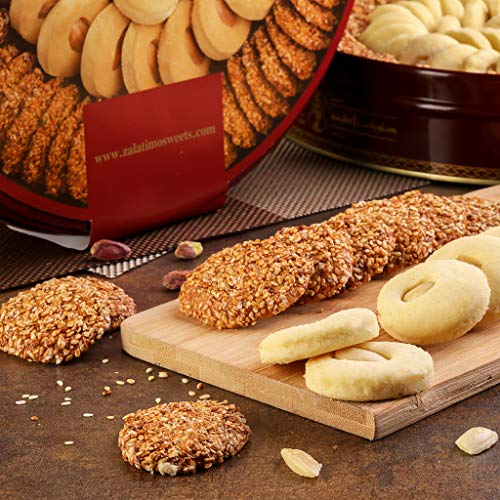 Zalatimo Sweets Since 1860, 100% All Natural Sesame & Butter Shortbread Cookies, Round Gift Tin, Slightly Sweet Cookies With No Preservatives, No Additives, No Corn Starch, No Syrups! 1.65Lbs #TOP1