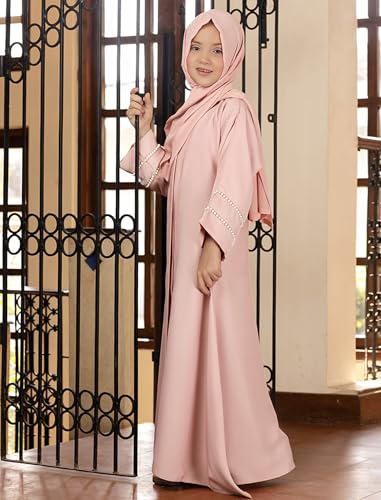 IDOPIP Muslim Dress for Girls Islamic Prayer Abaya Long Sleeve Cardigan Kaftan Robe Dresses with Hijab Ramadan Dubai Outfits2