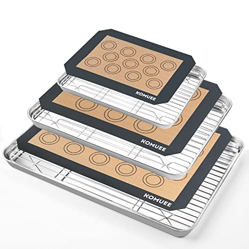 Komuee 9-Piece Baking Sheet, Cooling Rack With Silicone Mat Set (3 Pans + 3 Racks + 3 Mats), Stainless Steel Cookie Sheet With Cooling Rack And Baking Mat, Non Toxic & Heavy Duty & Easy Clean #TOP16