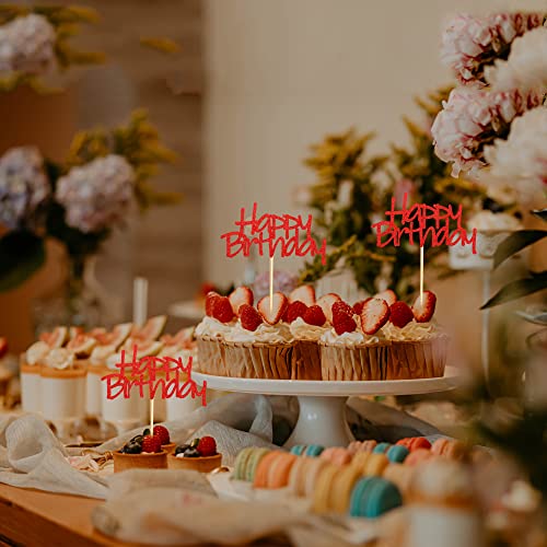Arthsdite 24Pcs Happy Birthday Cupcake Toppers Pre-Assembled Red Glitter Cake Food Fruit Picks For Celebrating Birthday Party Decoration Supplies #TOP6