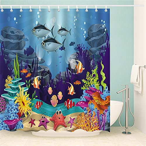 Shuihan Ocean Shower Curtain Under The Sea Shower Curtain Blue Ocean Fish Shower Curtain Sea World Kids Shower Curtain Waterproof Polyester Shower Curtains With Hooks 70.8X70.8In #TOP1