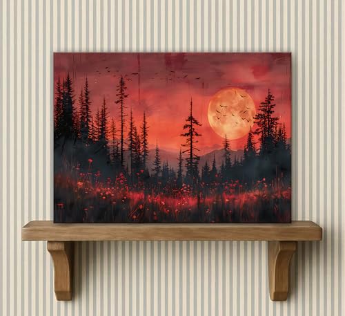Red Full Moon Forest Canvas Wall Art Gothic Halloween Horror Moon and Forest Painting Picture Wall Decoration Poster Print Artwork for Living Room Bedroom Apartment dormitory Home Decoration — view 4
