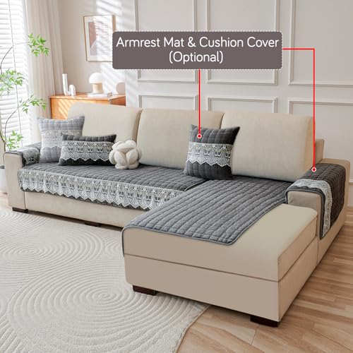 Image of HOKIPO 'BelleLace Series' Imperial Milk Velvet L Shape (2+2 Seater) Sofa Cover Mat with Lace Design, Porpoise Grey (AR-5964-5965-DGRY)