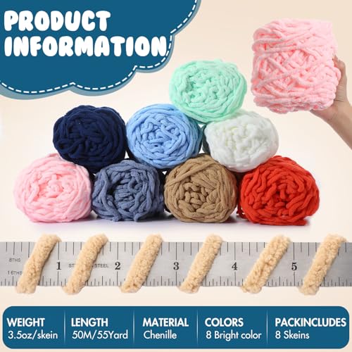 Image of Buryeah 8 Pack Chunky Chenille Yarn for Crocheting Soft Thick Fluffy Yarn for Hand Knitting Bulky Velvet Blanket Plush for Weaving DIY Crafts Each 3.5 oz 55 Yards(Multicolor)
