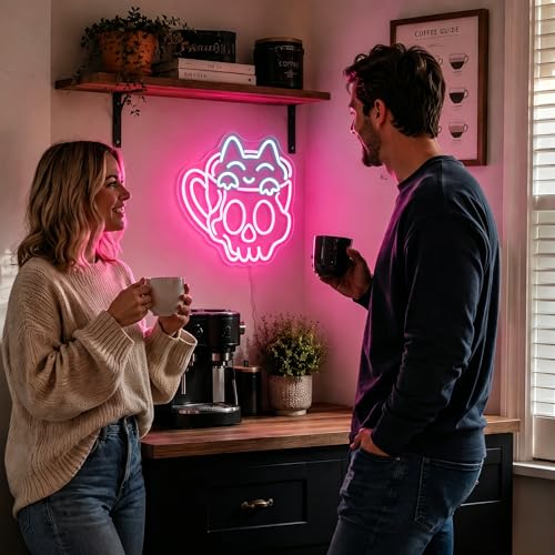 Image of Skeleton Cat Neon Sign for Wall Decor Skull Light Up Sign Hallowmas Led Signs for Room Party Home Wall Decor USB Powered