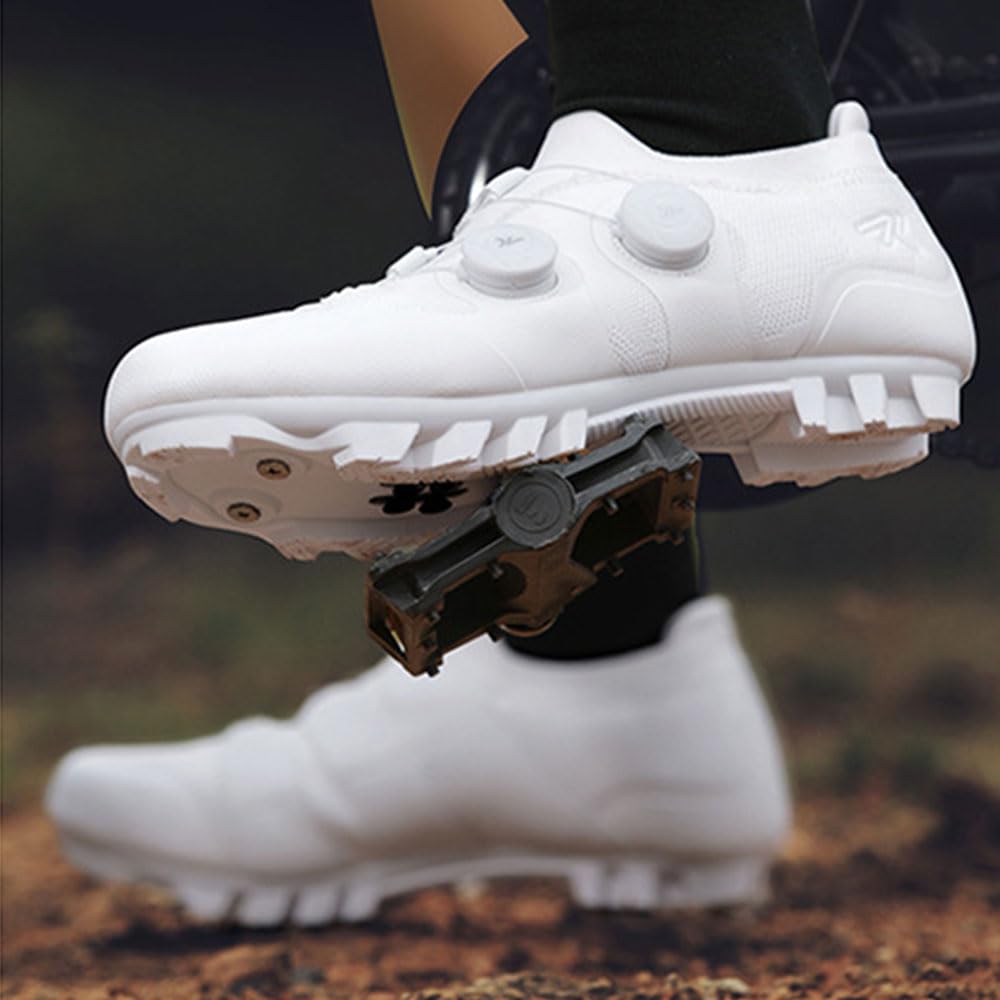 Zapatillas Ciclismo Montaña, Zapatos Bicicleta Montaña Hombre Mujer, Zapatillas de Ciclismo Verano Ligeros Calzado Bicicleta con SPD 4 Hoyos Tacos | 37-47 EU, Primavera y Verano (Blanco,45)