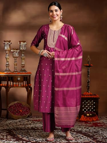 Image of Libas Womens Embroidered Silk Blend Straight Kurta With Trousers and Dupatta | ethnic wear | bridal suit | wedding dress | occasion wear