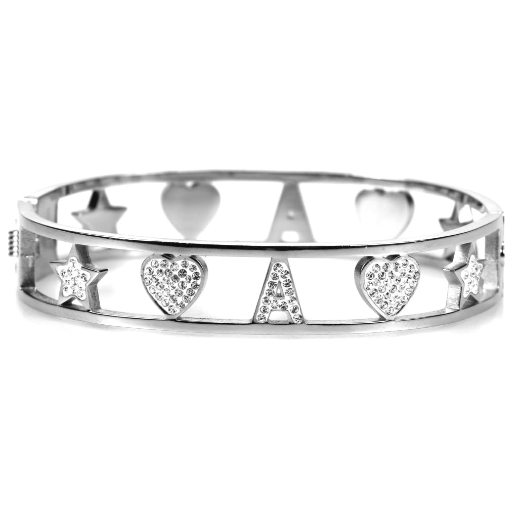Flowers Bracciale Rigido a Manetta Interamente in Acciaio e zirconcini con Lettera Iniziale Nome e cuori Colorazioni Oro e Argento