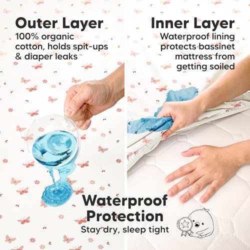 Image of 2-pk Waterproof Bassinet Sheets Girls, Boys, Cotton - 33x17 Universal Bassinet Mattress Pad Protector Cover, Compatible with Graco,Baby Delight,Chicco,Halo Bassinest Swivel Sleeper Fitted(Butterflies)