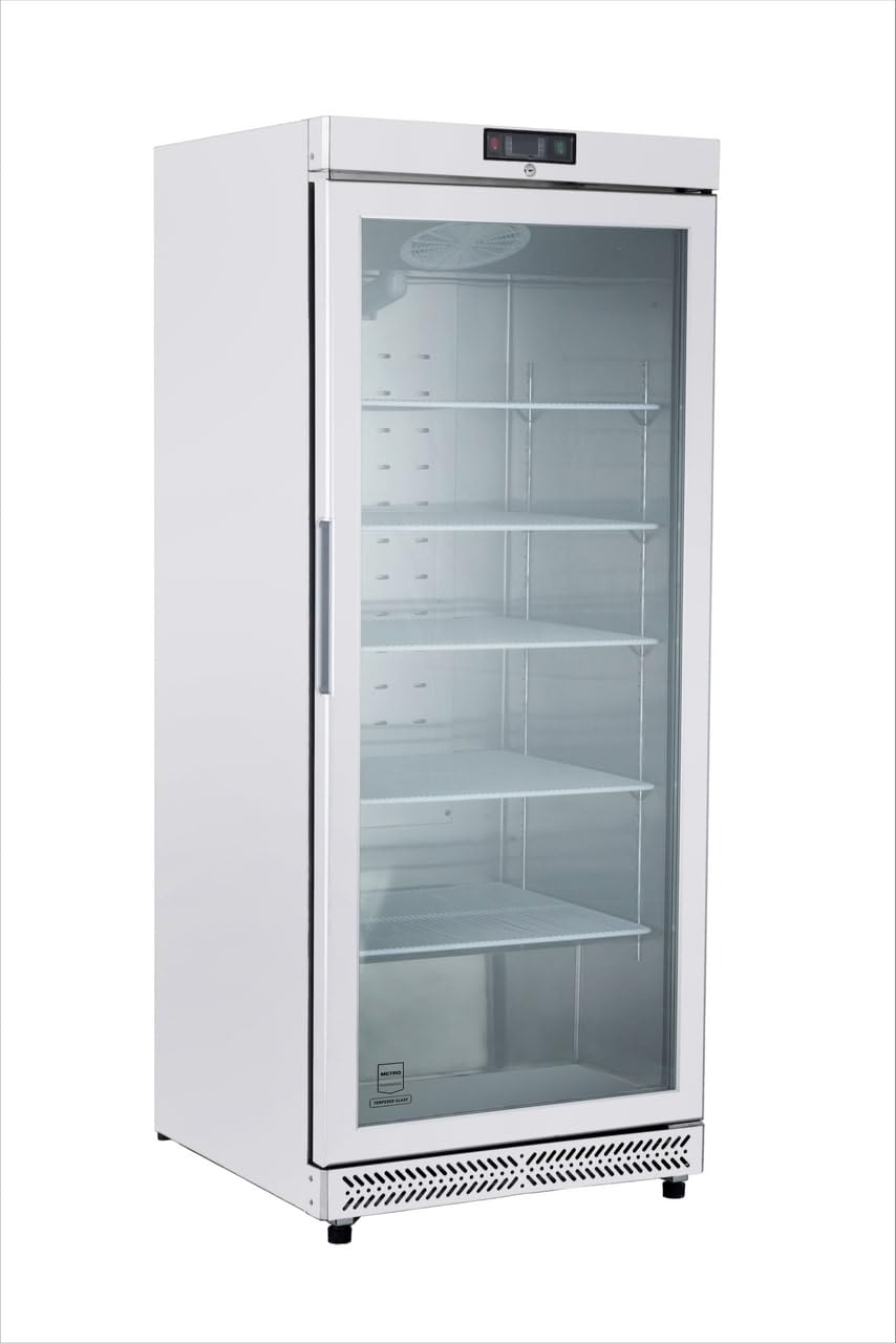METRO Professional Frigorifero con Porta in Vetro GRE6600G, 380L, 5 Ripiani, Illuminazione LED, Serratura, 2 Ruote, Bianco