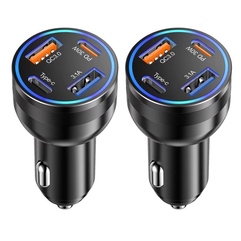 2Pack 65W 4-Port USB-C Cigarette Lighter Adapter Fast Car Phone Charger, PD 3.0 & QC Type C Car Charger for iPhone 16/15/14/13/12/11/Pro Max, iPad, Samsung Galaxy