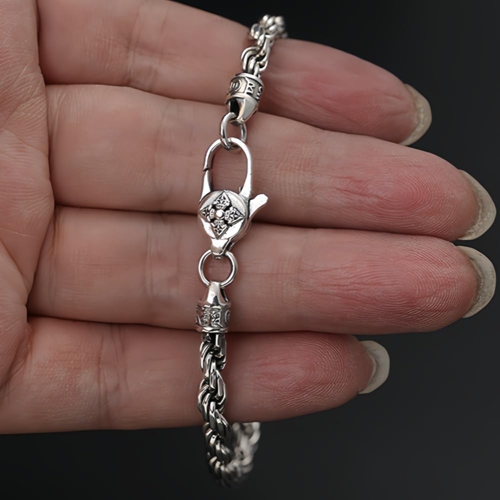 ForFox Pulsera de Cadena de Cuerda Trenzada con Broche Budista de Plata de Ley 925 Vintage para Hombre Mujer 4mm 18/20cm