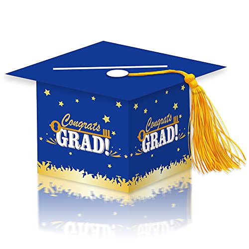 Image of 2026 Graduation Party Card Box, Blue Gold Congrats Cap Card Holder Box with Tassel for 2026 Graduation Party Decoration