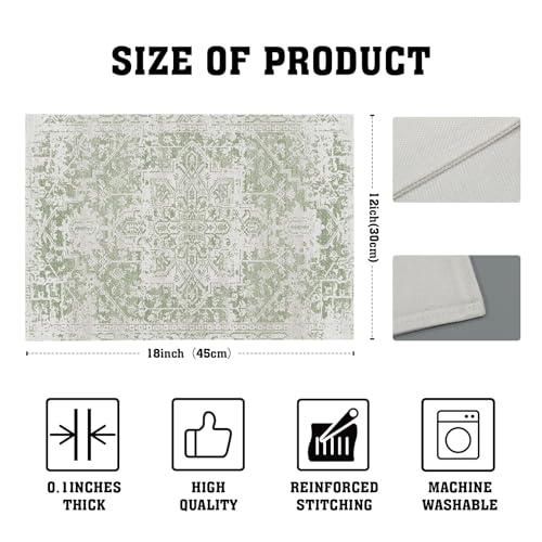 Image of Gray Light Green Boho Placemats Set of 6 Ethnic Bohemian Carpet Place Mats Washable Kitchen Dining Vintage Grey Geography Floral Linen Table Mats Stain Heat-Resistant for Home Party Indoor 12x18 in