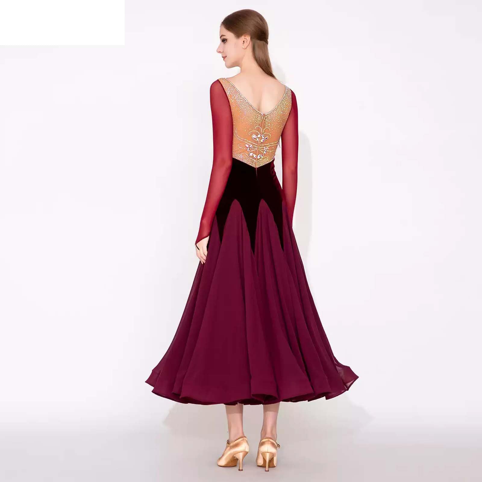 purpleq Damen Standard Tanzkleid, Langarm Walzer Kleid, Samt und Chiffon, Elegantes Performance Kleid für Standard, Latein, Tango, Salsa, Turniertanz, Rot
