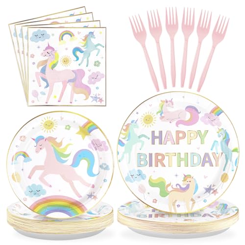 Image of Greencian 96Pcs Magical Pastel Unicorn Party Decorations Serves 24 | Rainbow Unicorn Birthday Plates and Napkins Tableware Sets for Girls Baby Shower Birthday Party Supplies