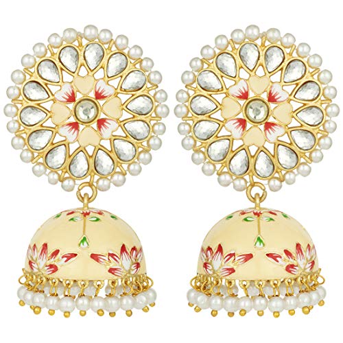 Aheli Handcrafted Traditional Wedding Wear Faux Kundan Studded Floral Enamel Jhumka Jhumki Earrings Indian Ethnic Fashion Jewelry for Women Girls