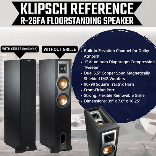 Image of Klipsch Reference R-26FA Dolby Atmos Floorstanding Speaker (Pair) + R-12SW 12″ Subwoofer - Premium Home Theater Tower & Deep Bass Sub Bundle