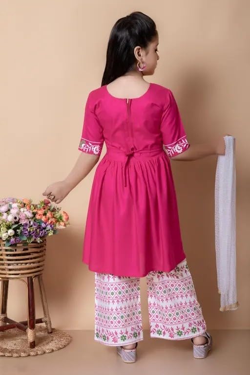 Image of Girls Traditional Embroidered Kurta Palazzo Set, Green and White, Floral Design, Half Sleeves
