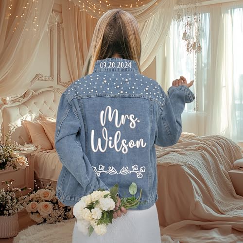 Custom Future Mrs Denim Jacket, Bride Jean Jacket With Pearls, Embroidered Denim Jackets For Bride with Rhinestone For Wedding, Wedding Gifts For Bridal3