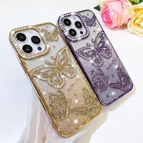 Image of Elzzi Electroplated Butterfly Phone Cover for iPhone 16 Pro Case, Showcasing Pearlescent Diamond Soft TPU, Camera Protection, Shockproof, Dropresistant Stylish for Girls & Women (Gold)