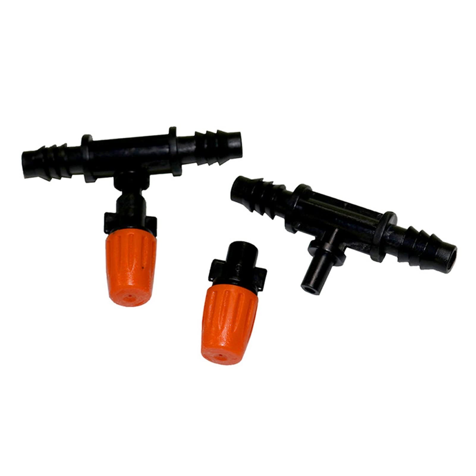 Buse d'atomisation, buse de brumisation d'irrigation, arroseur atomisé orange avec connecteur en T de 3/8 pouces, buse de brumisation de serre agricole, arrosage de jardin, irrigation 100 pièces