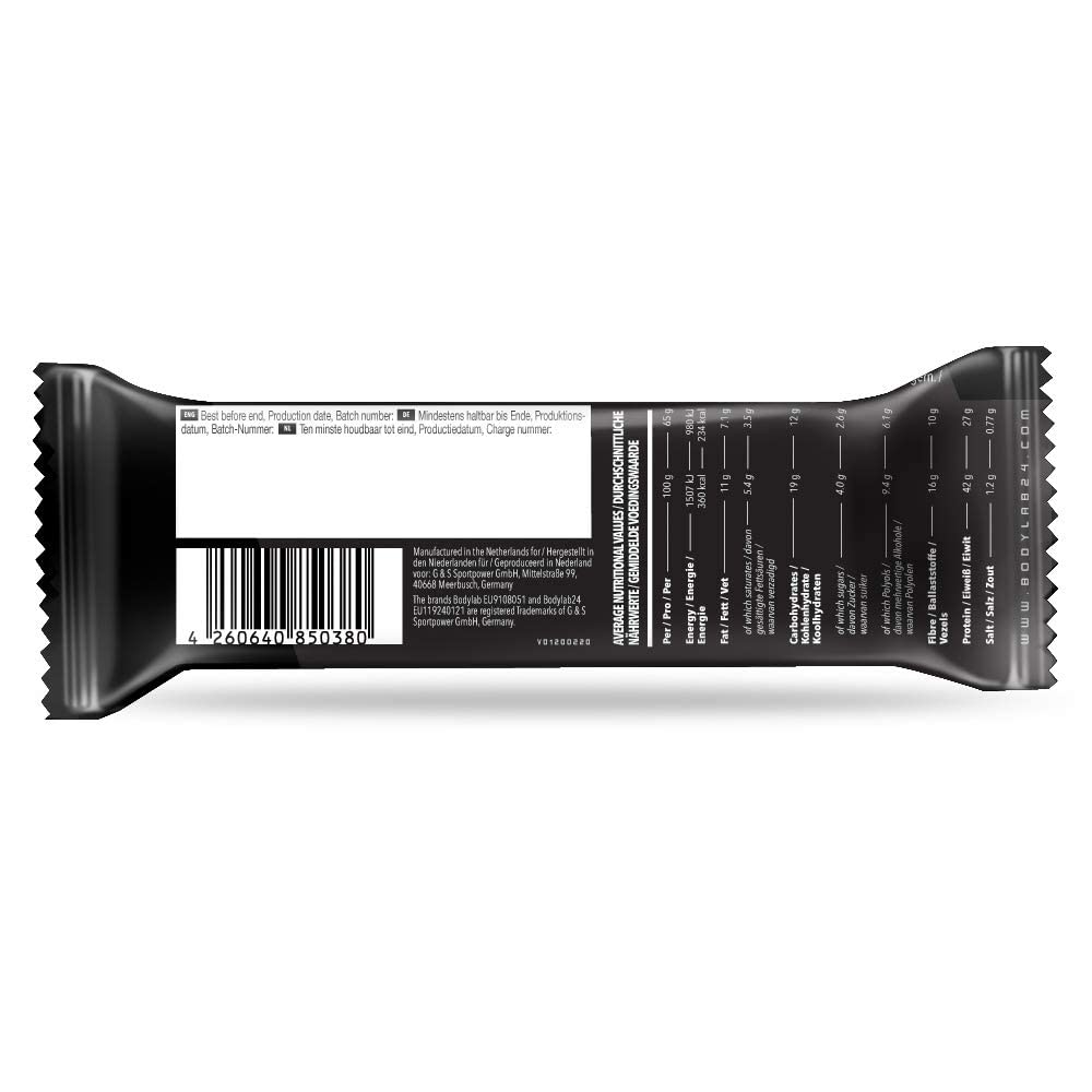 Bodylab24 Crispy Protein Bar Chocolat Crispy 12x65g, barre protéinée avec 27g de protéines par barre, snack fitness pauvre en sucre, barre protéinée croustillante avec beaucoup de fibres