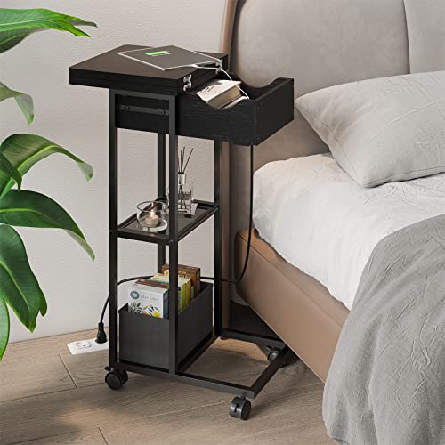 C Shape Side Table With Charging Station, End Table With Usb Ports And Outlets, Sofa Side Table With Lockable Wheels For Couch Sofa Desk Bed Living Room - Black #TOP4