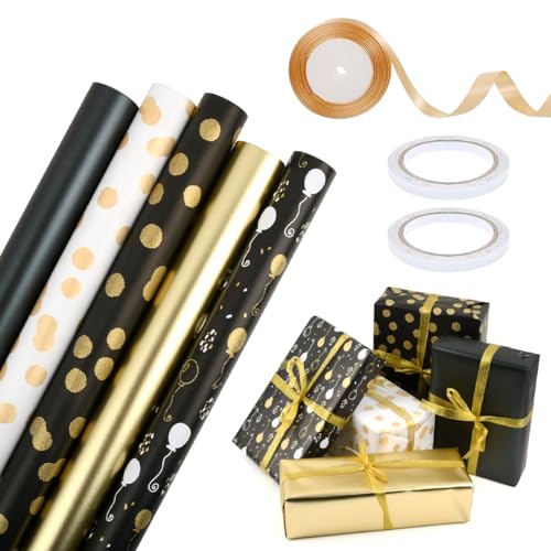 BOPEUY 5 rolos de papel de presente, bobina de papel presente preto dourado branco pérola 3 m x 43 cm, papel de presente com balões e bolinhas, para o Natal aniversário casamentos graduações