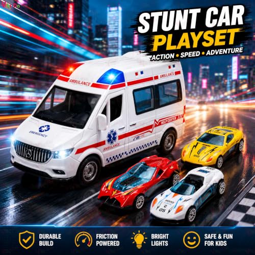 Image of VikriDA Big Ambulance Track Vehicle Toy with Foldable Ejection Race Track & 3 Pcs Die cast Cars for Kids - Multicolor