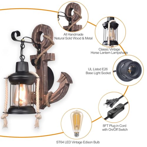 Anchor Pirate Nautical Wall Sconce Plug in or Hardwire, Indoor Antique Vintage Coastal Beach Ocean Themed Sconce Wall Light, Bedroom Rustic Wall Mount Lamp Light Fixtures ( Edison Bulb Included)