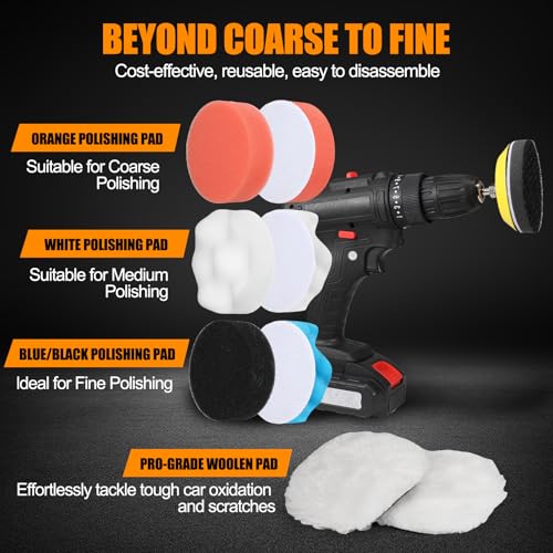 134Pcs Drill Polishing Kit,3 Inch Sanding Disc,3\" Sandpaper Wet Dry Headlight Restoration Kit with Hook and Loop Buffing Pads for Car Polish,Metal Glass Resin Polish Rotary Tools Attachment - Thumbnail 6