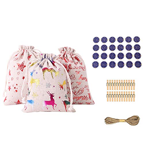 Paquet de Noël Sac Cadeau Sac Calendrier Bonbons Lin de l'avent Coton 1-24 décor à la Maison Organiseur Familial Frigo (Multicolor, One Size) Cover