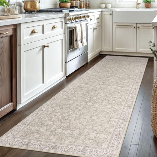 3x8 Cream Beige White Grey Washable Runner Rug for Kitchen, Soft Classic Runner with Non-Slip, Non-Shedding Distressed Floral Rug for Hallways Entryway Bedroom Laundry Indoor