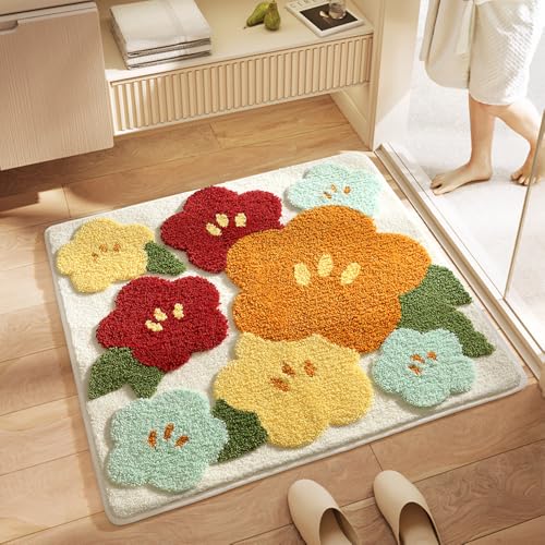 EVIGTOP バスマット フロック 正方形 立体ラグマット 足ふきマット 柔らか肌触り かわいい花柄 おしゃれ 吸水速乾&抗菌防カビ 滑り止め 浴室/お風呂/玄関マット 厚手 高密度シャギーラグ 洗える