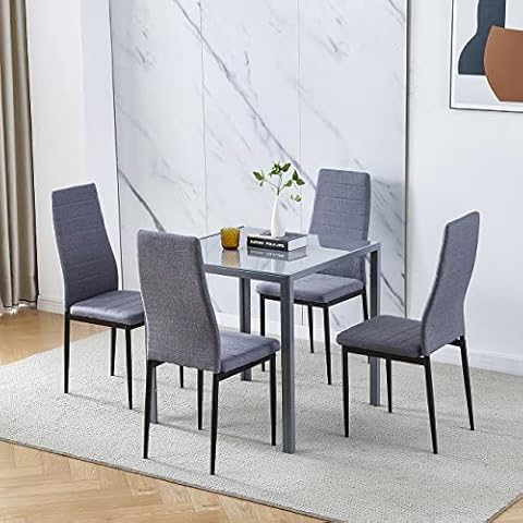 Menaka 5 Pieces Grey Glass Dining Table with Chairs Set for 2 People, Small Kitchen Square Table Tempered Glass and 4 Grey Linen Fabric Chairs Metal Legs (grey table and 4 grey chairs) Cover