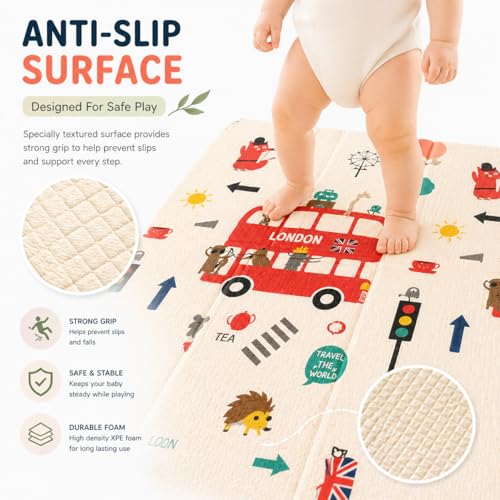 Image of WENGTY BPA Free Extra Large Big Size Non Slip Reversible Bus & Road Print Baby Play Mat for Learning & Crawling,Foldable Foam Floor Mats for Toddlers Kids Play Room (200X150CM 8MM Thickness)