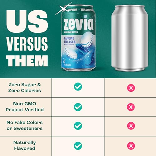 Image of Zevia Zero Sugar Soda, Caffeine Free Cola, 12 oz Cans (24-Pack) - Naturally Sweetened, Zero Calorie Sugar Free Soda - Non-GMO Project Verified, Gluten-Free, Vegan