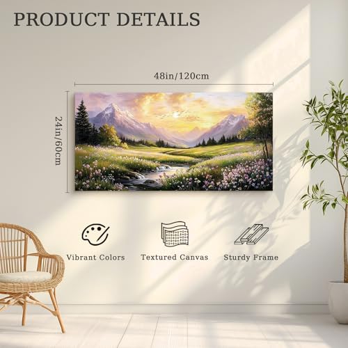 crmotu Large Landscape Wall Art, Nature Wall Art, Mountain Artwork for Walls, Sunset Aesthetic Canvas Prints, Spring Scenery Paintings for Living Room Bedroom Kitchen Farmhouse Cottagecore 24x48inch