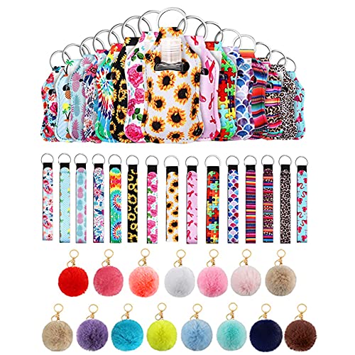 60 Pieces Keychain Holders Set, Includes 15 Wristlet Keychain, 15 Keychains Holder, 15 Pom Poms Keychains with 15 Pieces 30ml Reusable Empty Bottles for Liquids (Style 2-15 Sets)