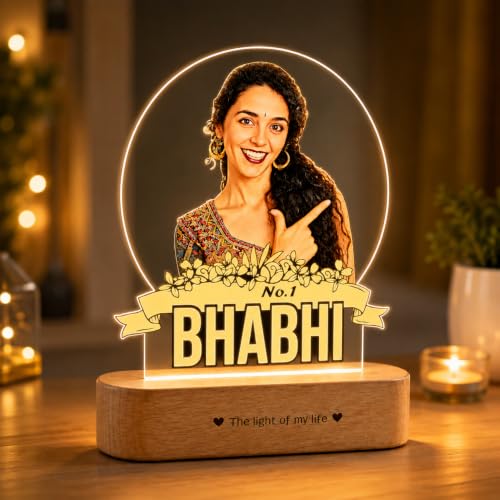 Image of ZOCI VOCI Personalized Rakhi Gift - No. 1 Bhabhi Custom UV Printed LED Photo Lamp, Warm White Acrylic Night Lamp with Wooden Base, Customized Photo Gift for Sister-in-Law, Rakshabandhan Gifts