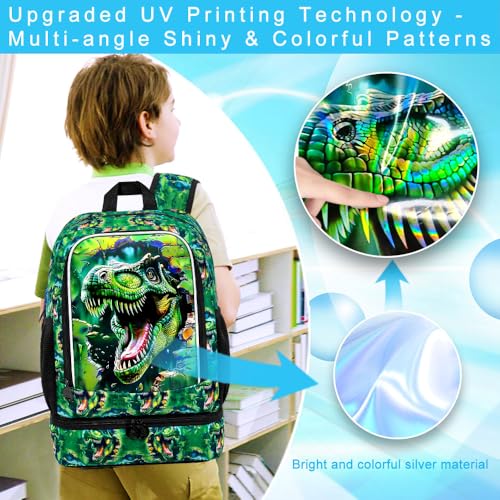 Image of 2 In 1 Dinosaur Backpack for Boys, 17 inch School Bookbag with Lunch Box, Kids Backpacks for Elementary Preschool Kindergarten (Green)