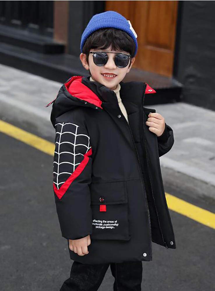 Manteau Garçon Hiver Mi-Longue Coton Araignée Veste à Capuche - Taille 130 CM - Noir/rouge