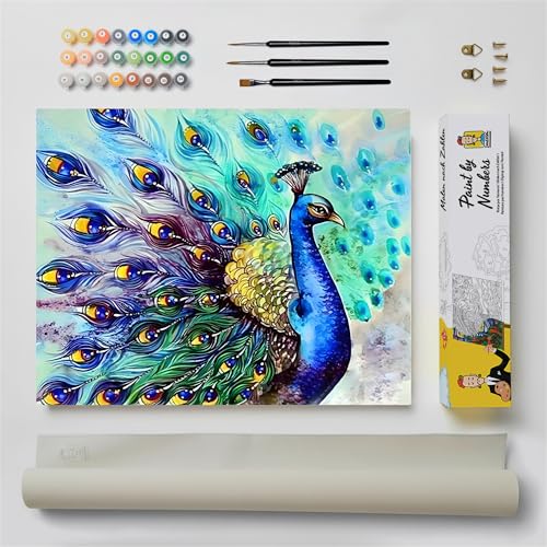 DonElton Pintar por Números para adultos Animales - 40x50 cm Kits de pintura con Pinceles, colores acrílicos y lienzo de lino, Sin marco - Regalo creativo (Pavo Real)