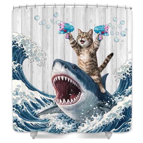 Image of Funny Cat Shower Curtain, Fun Cat Riding Hilarious Shark Surfing Ocean Waves Shower Curtains for Bathroom Whale Cool Blue Bath Curtain Waterproof Fabric with 12 Hooks 72x72 Inch