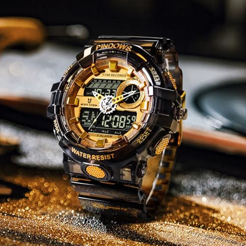 Image of PINDOWS Watch for Men, 50M Waterproof Analog Digital Watches Watch Outdoor Sports Electronic Watch Date Multi-Function LED Alarm Stopwatch.