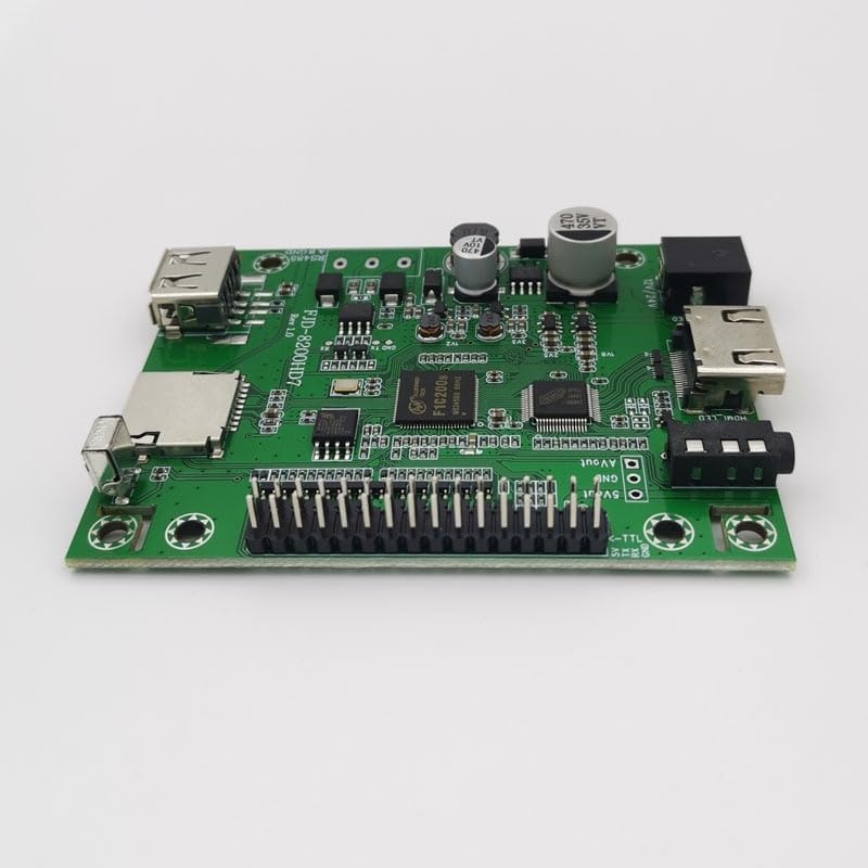 Angled view of the FJD-8200HD7 board, emphasizing the pin headers for serial communication and IO control.